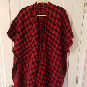 NWT Styline Fringe Poncho / Shawl Red Black Multi Size Buffalo Plaid